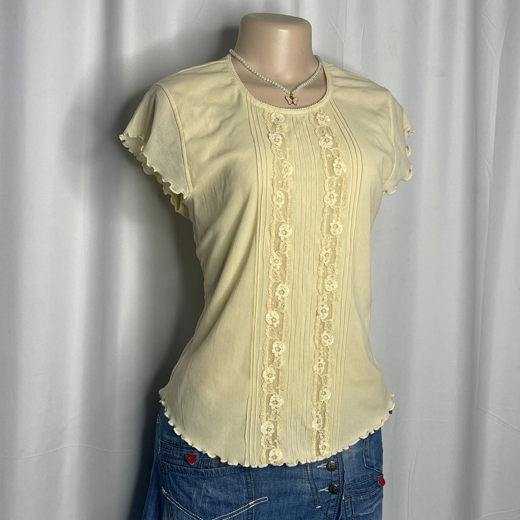 Floral Lace Front Details Mesh Short Sleeves Top