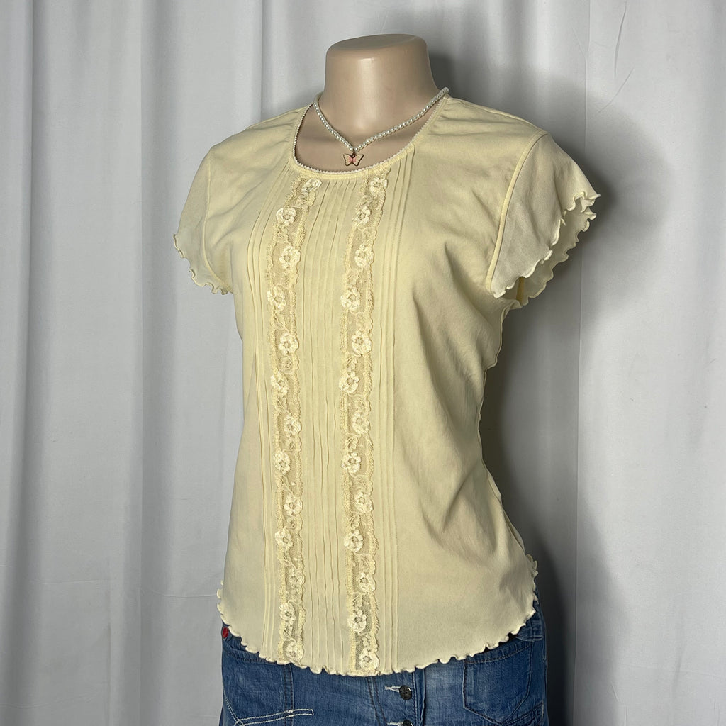 Floral Lace Front Details Mesh Short Sleeves Top