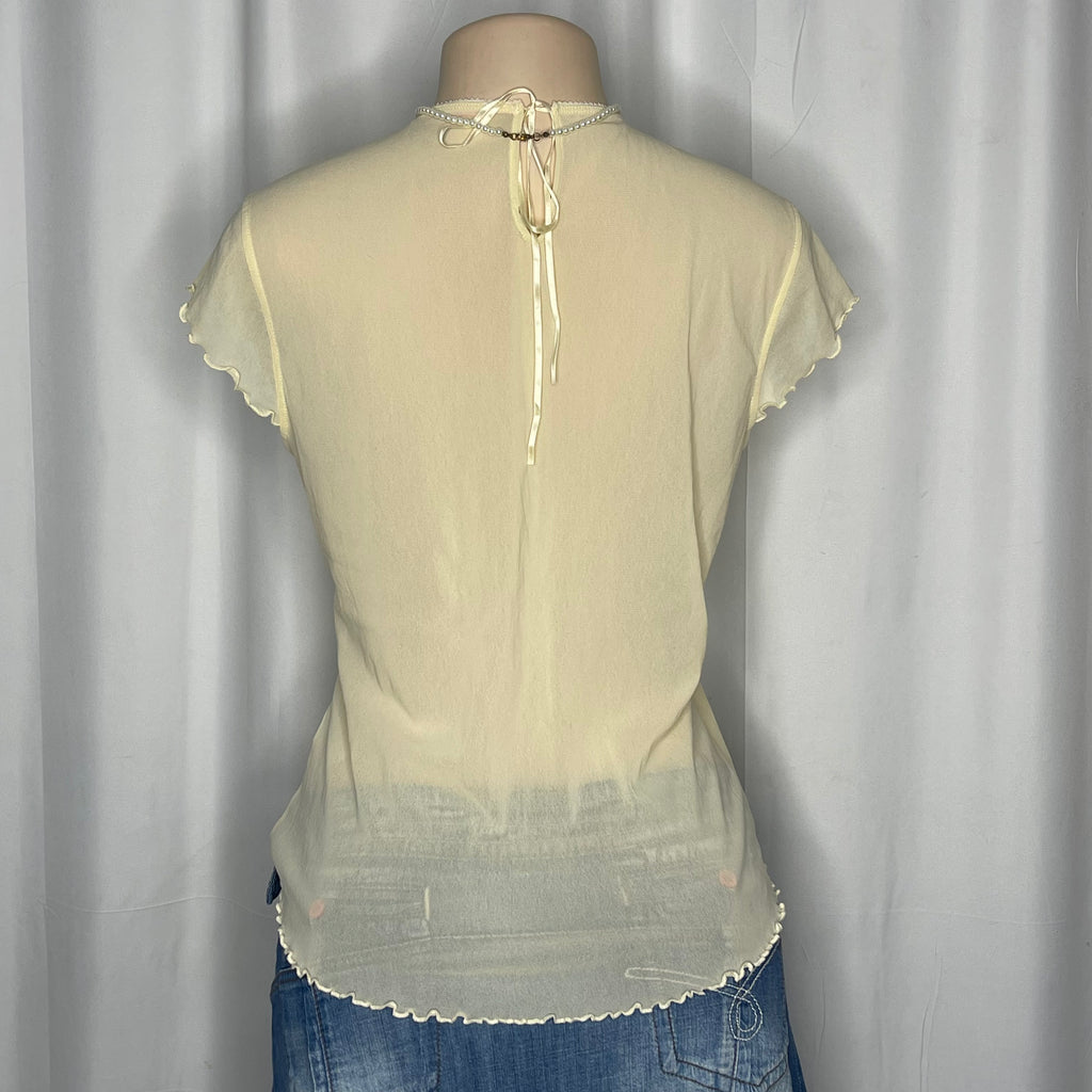 Floral Lace Front Details Mesh Short Sleeves Top