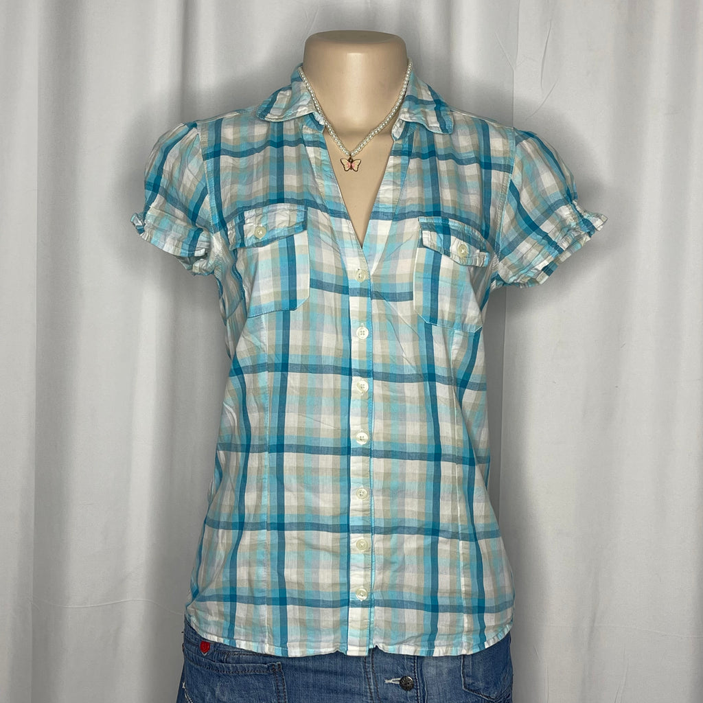 Plaid Green,Blue and White Button Up Shirt