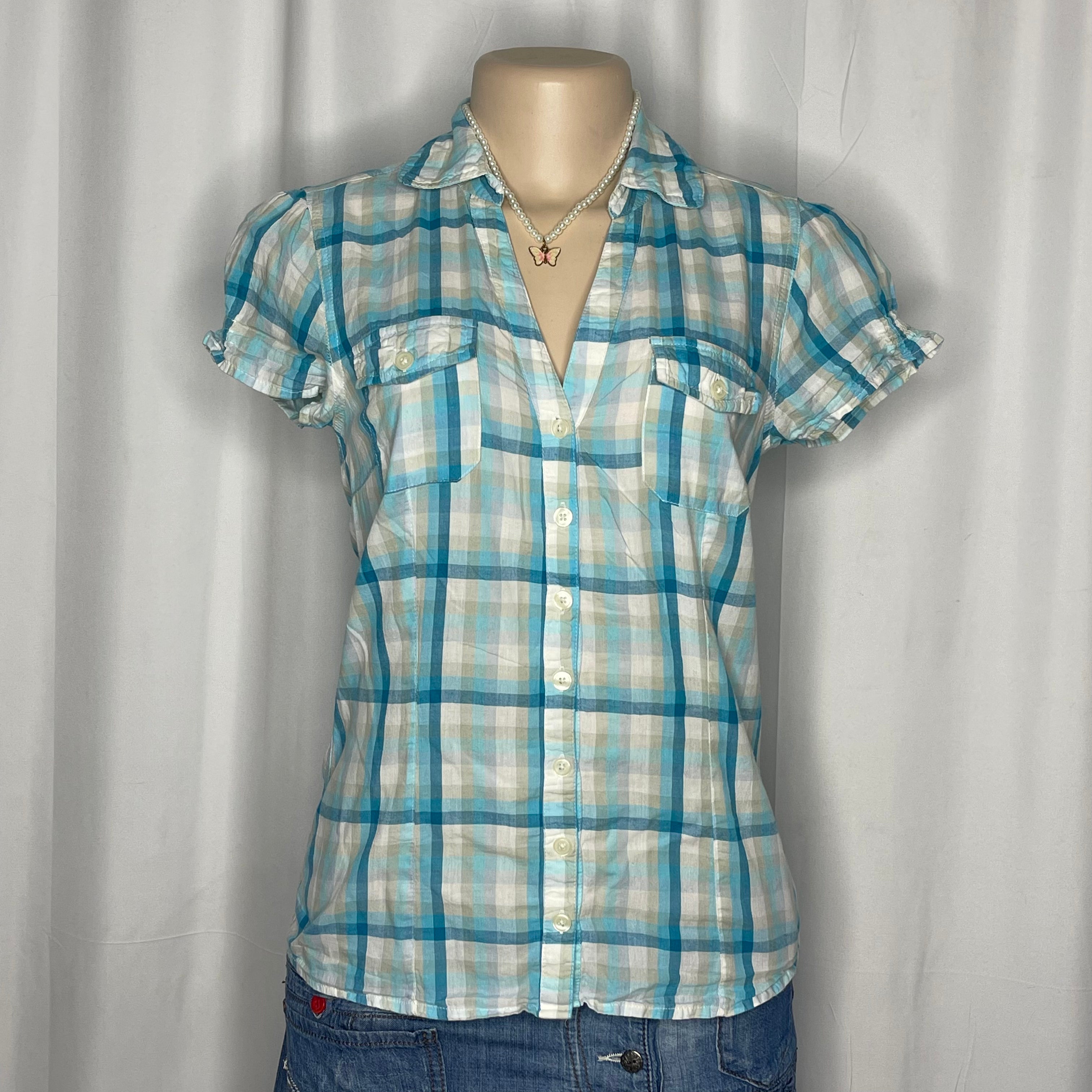 Plaid Green,Blue and White Button Up Shirt