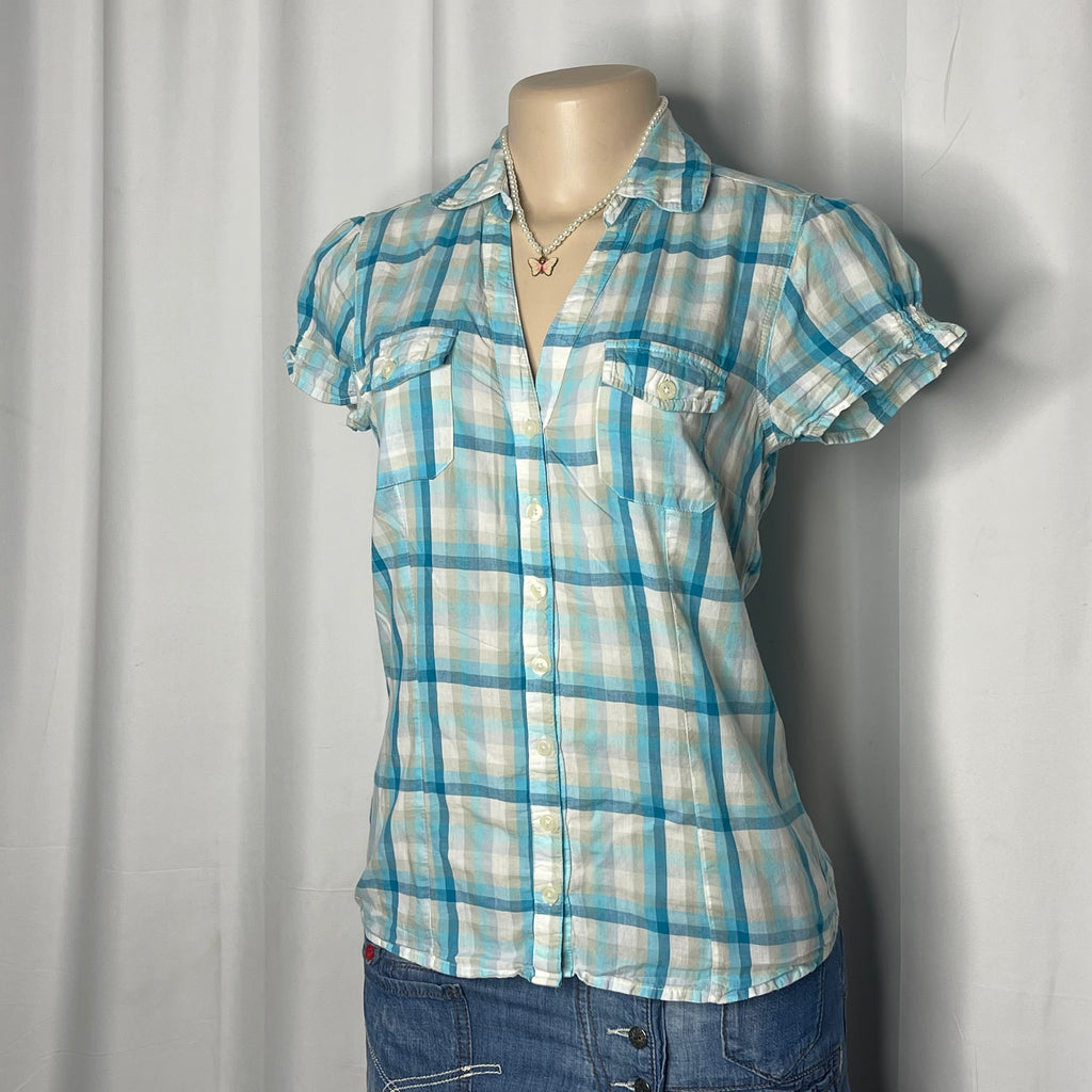 Plaid Green,Blue and White Button Up Shirt