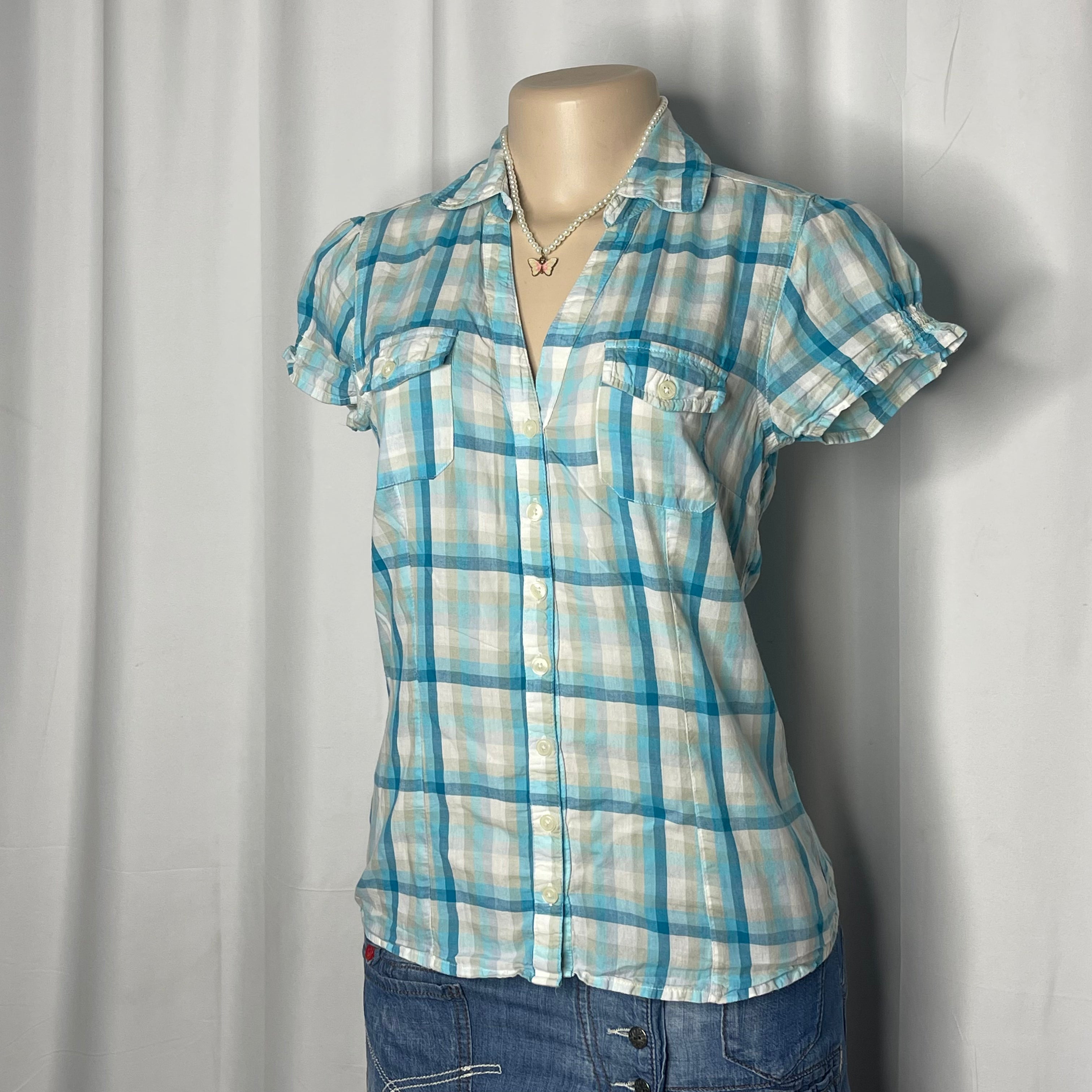 Plaid Green,Blue and White Button Up Shirt