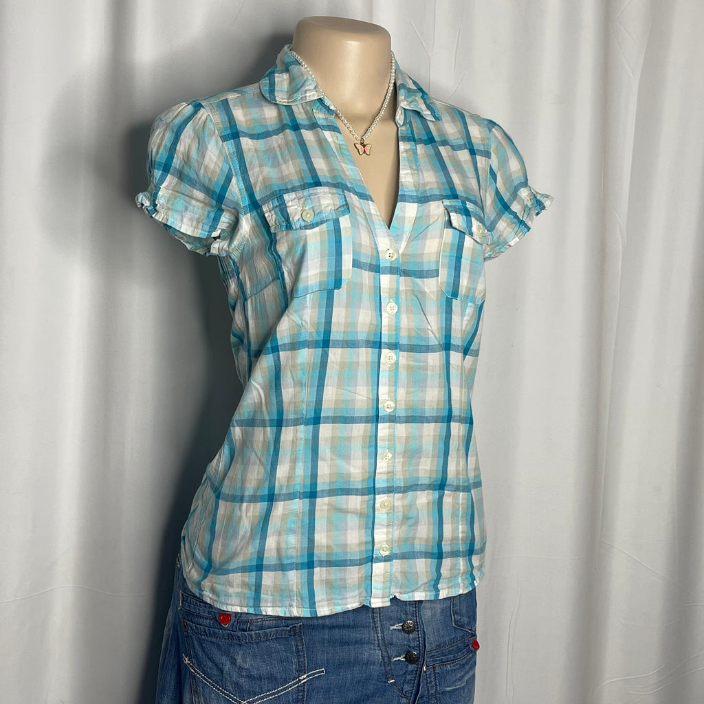 Plaid Green,Blue and White Button Up Shirt