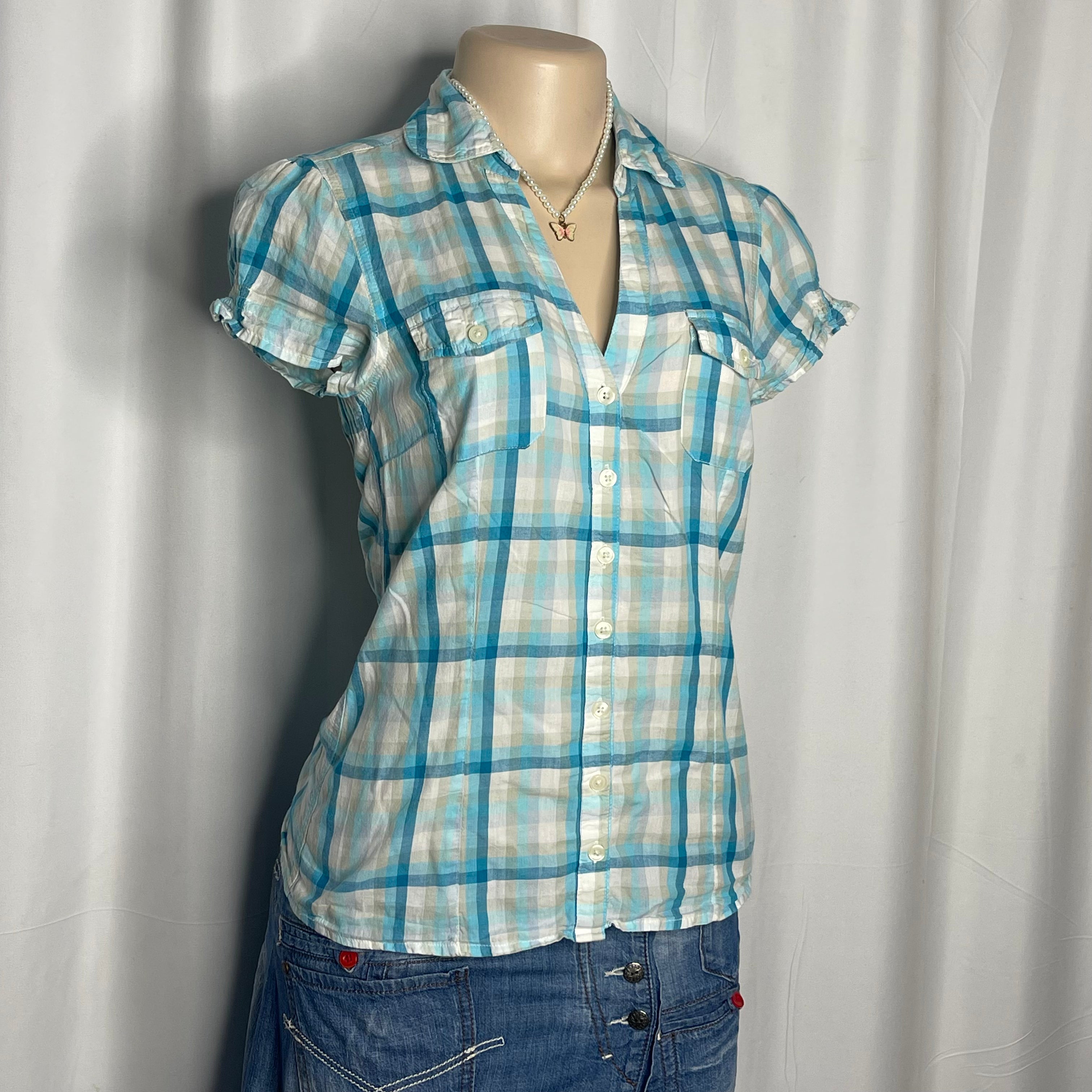 Plaid Green,Blue and White Button Up Shirt