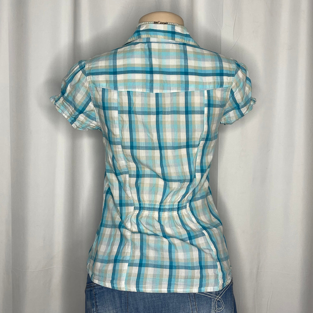 Plaid Green,Blue and White Button Up Shirt