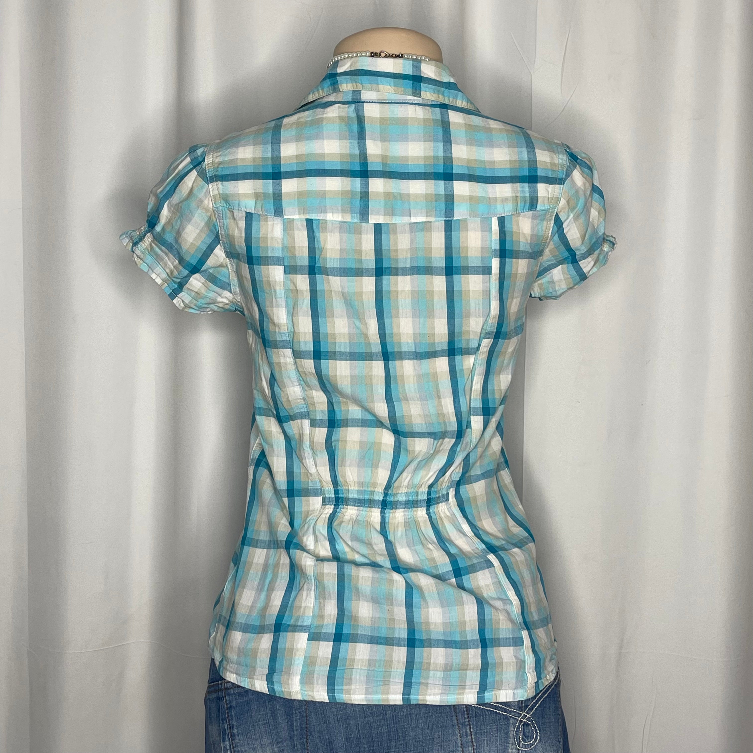 Plaid Green,Blue and White Button Up Shirt