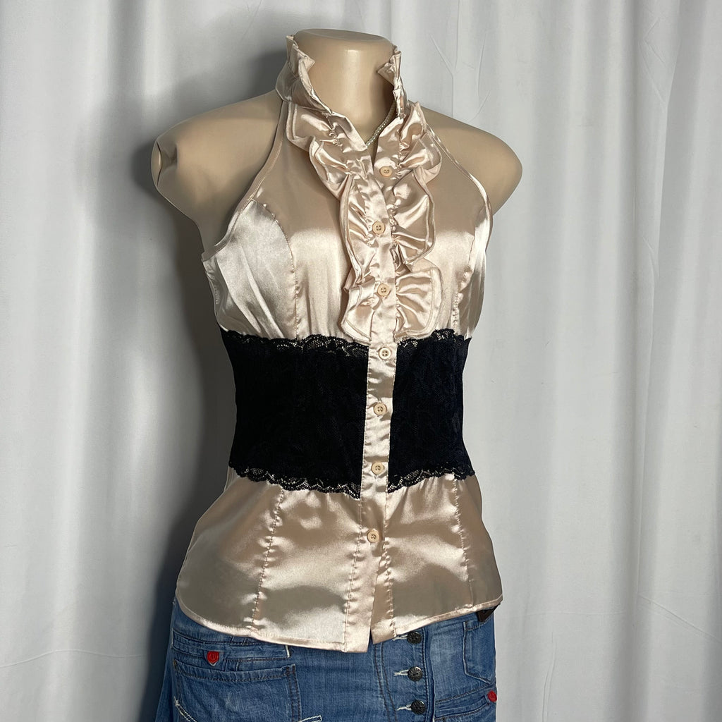 Vintage ruffled Halter Neck and black lace waistline detail