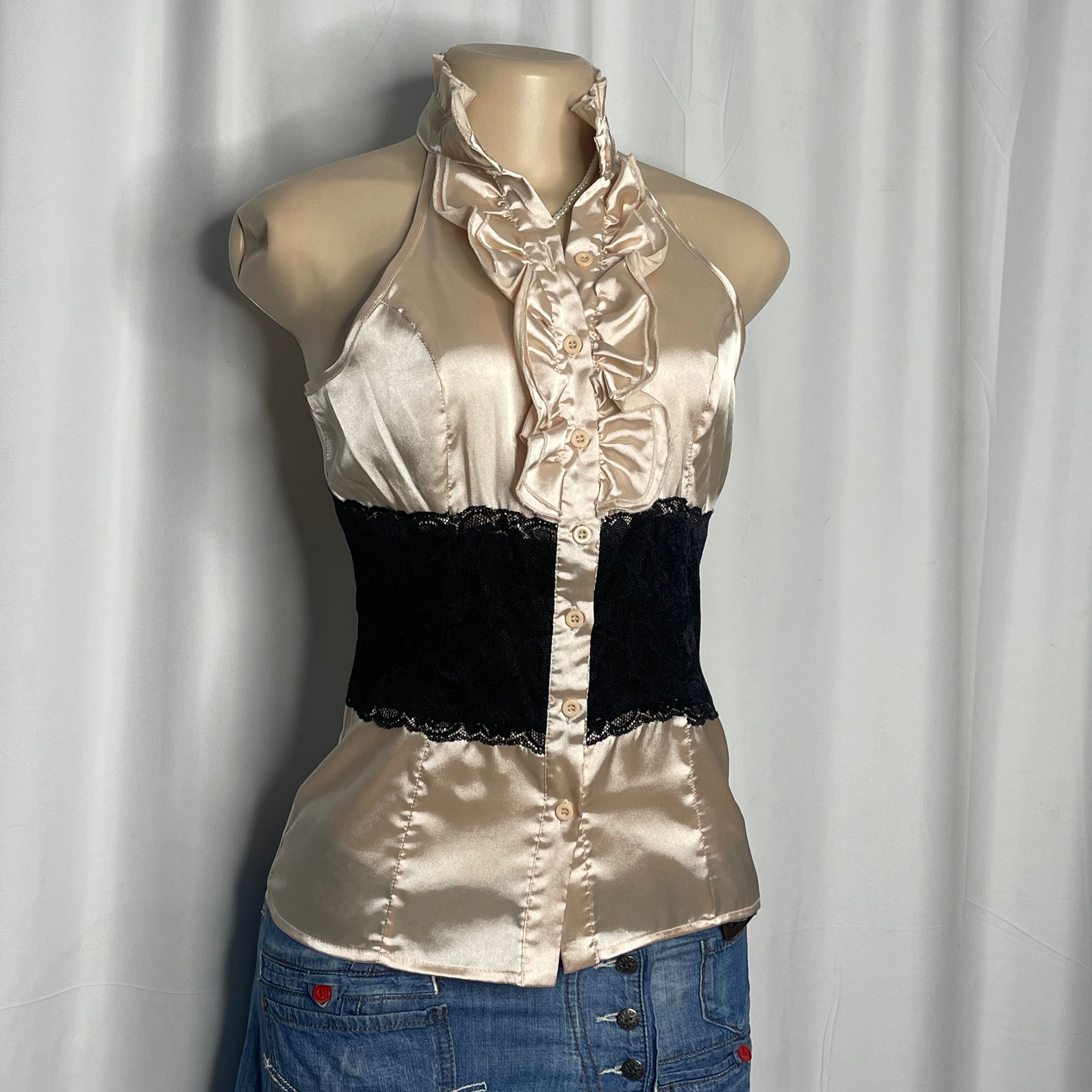 Vintage ruffled Halter Neck and black lace waistline detail