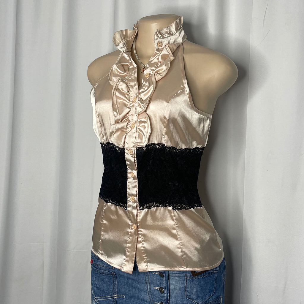 Vintage ruffled Halter Neck and black lace waistline detail