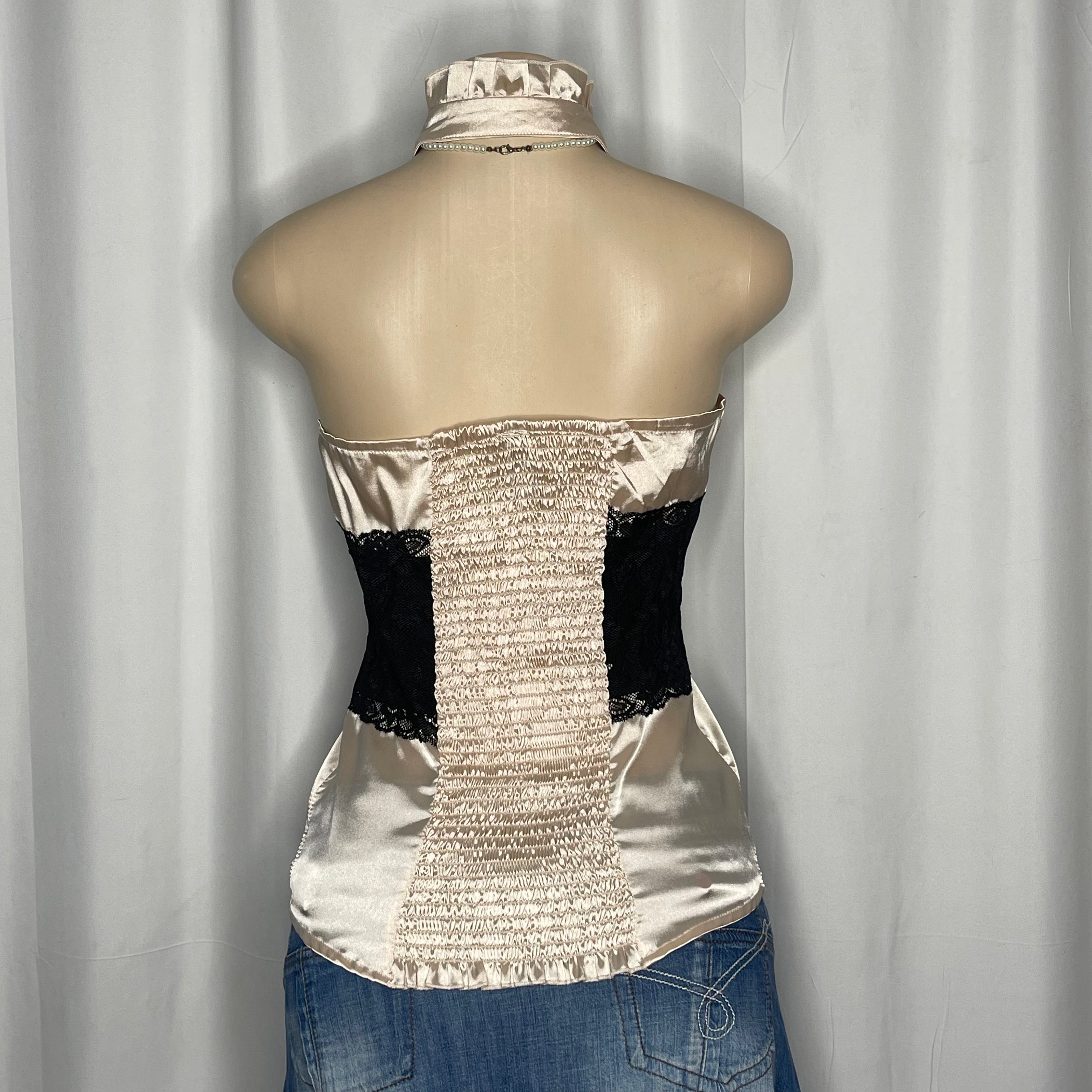 Vintage ruffled Halter Neck and black lace waistline detail