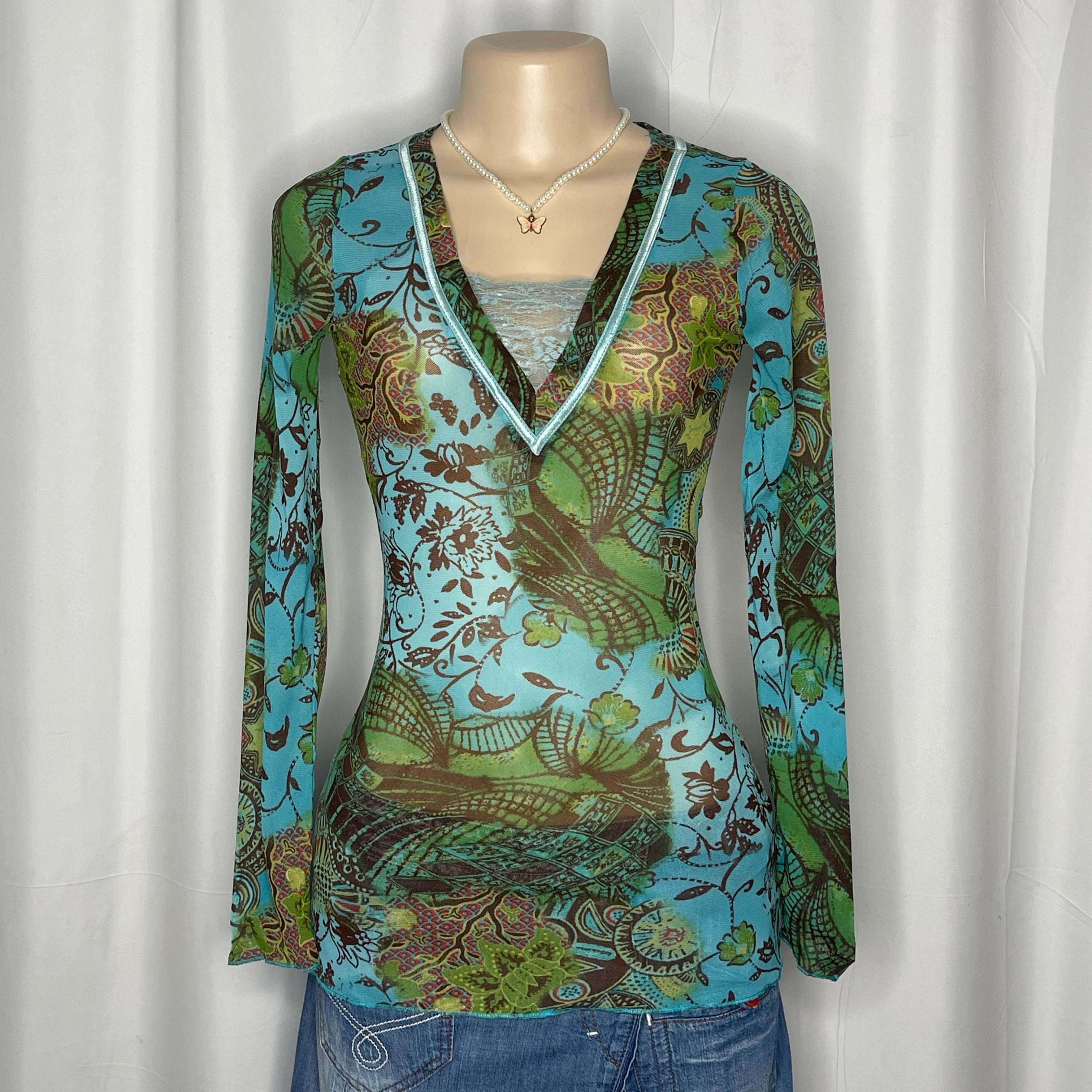 Leopard and Foliage Print Long Sleeves Mesh Top