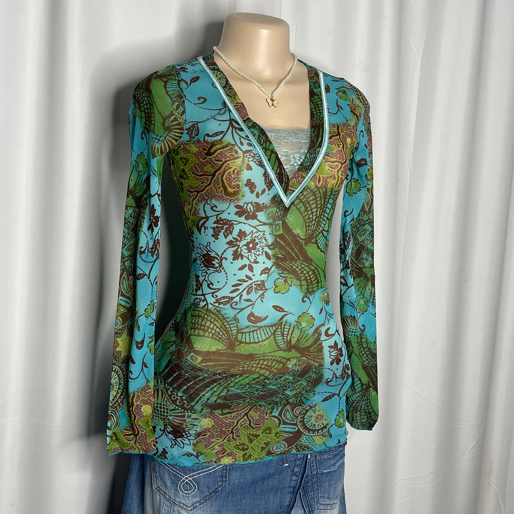 Leopard and Foliage Print Long Sleeves Mesh Top