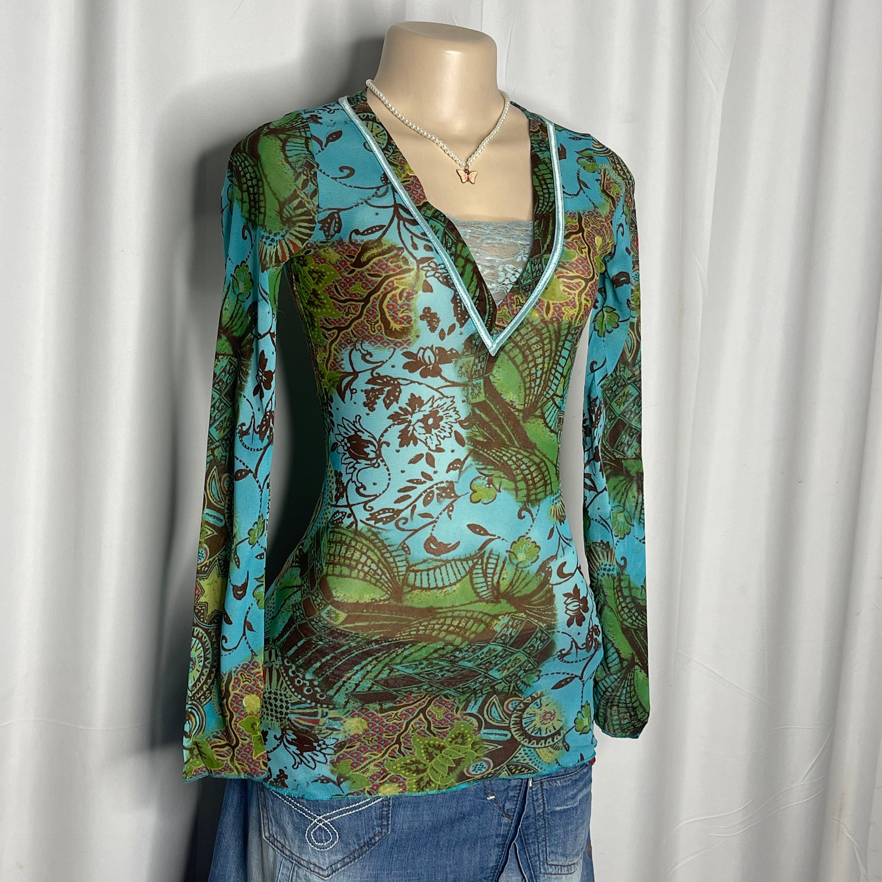 Leopard and Foliage Print Long Sleeves Mesh Top