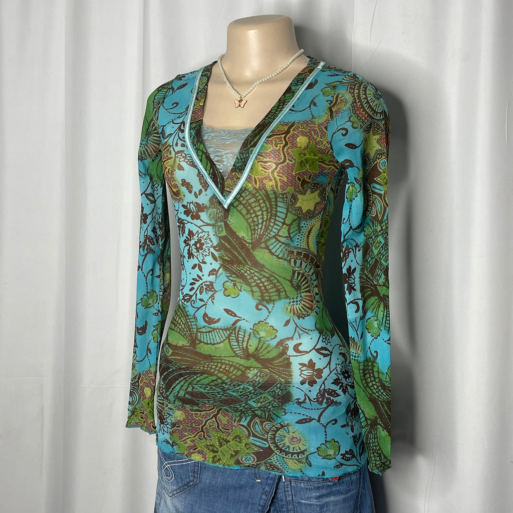 Leopard and Foliage Print Long Sleeves Mesh Top