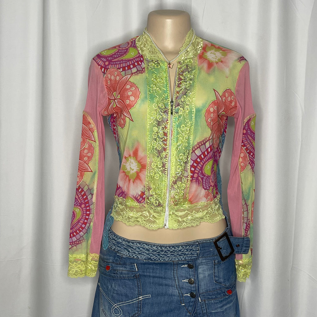 Floral Lace Sequin Zip up Mesh Top
