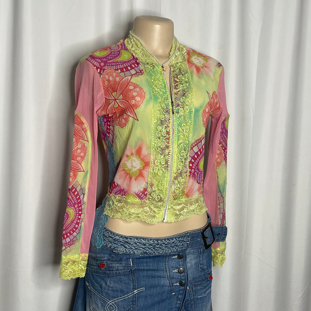 Floral Lace Sequin Zip up Mesh Top