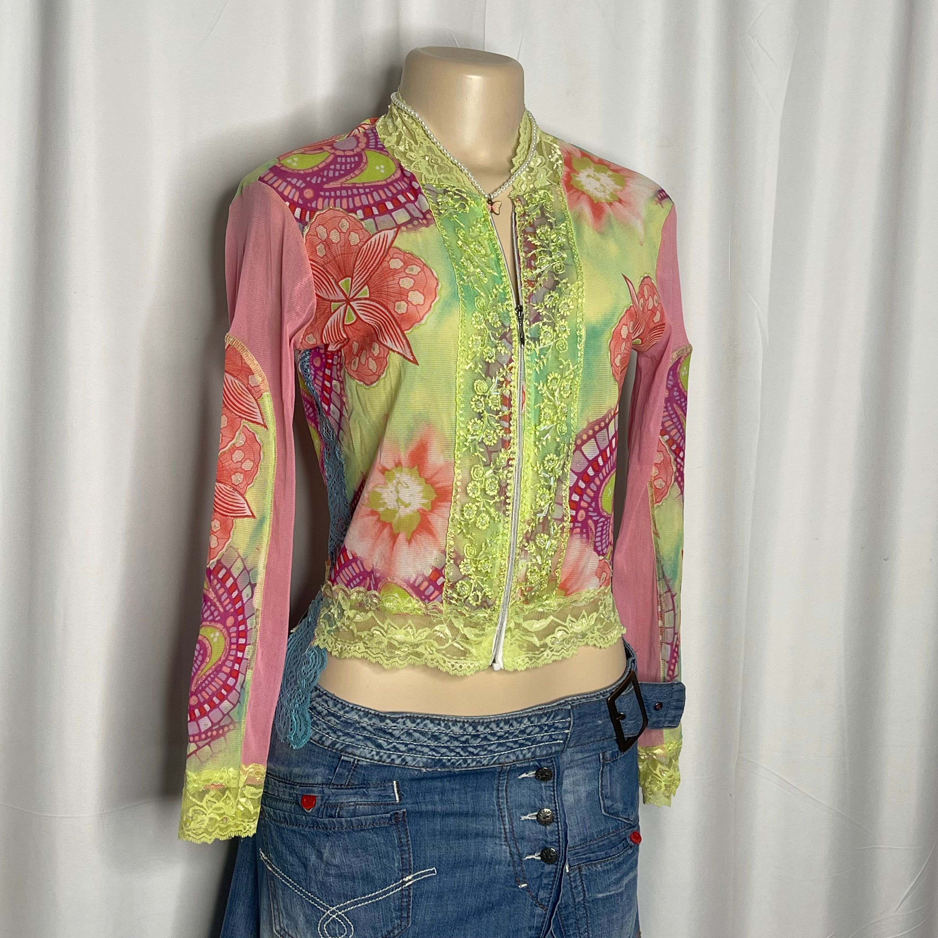 Floral Lace Sequin Zip up Mesh Top