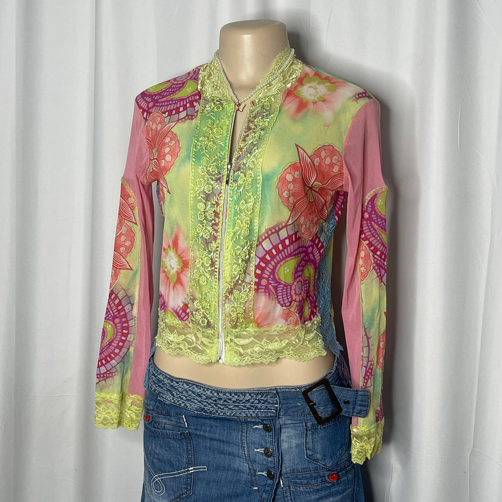 Floral Lace Sequin Zip up Mesh Top