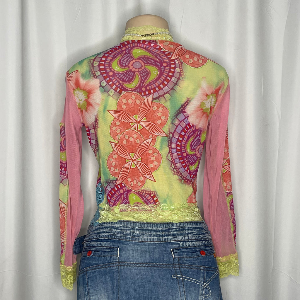 Floral Lace Sequin Zip up Mesh Top