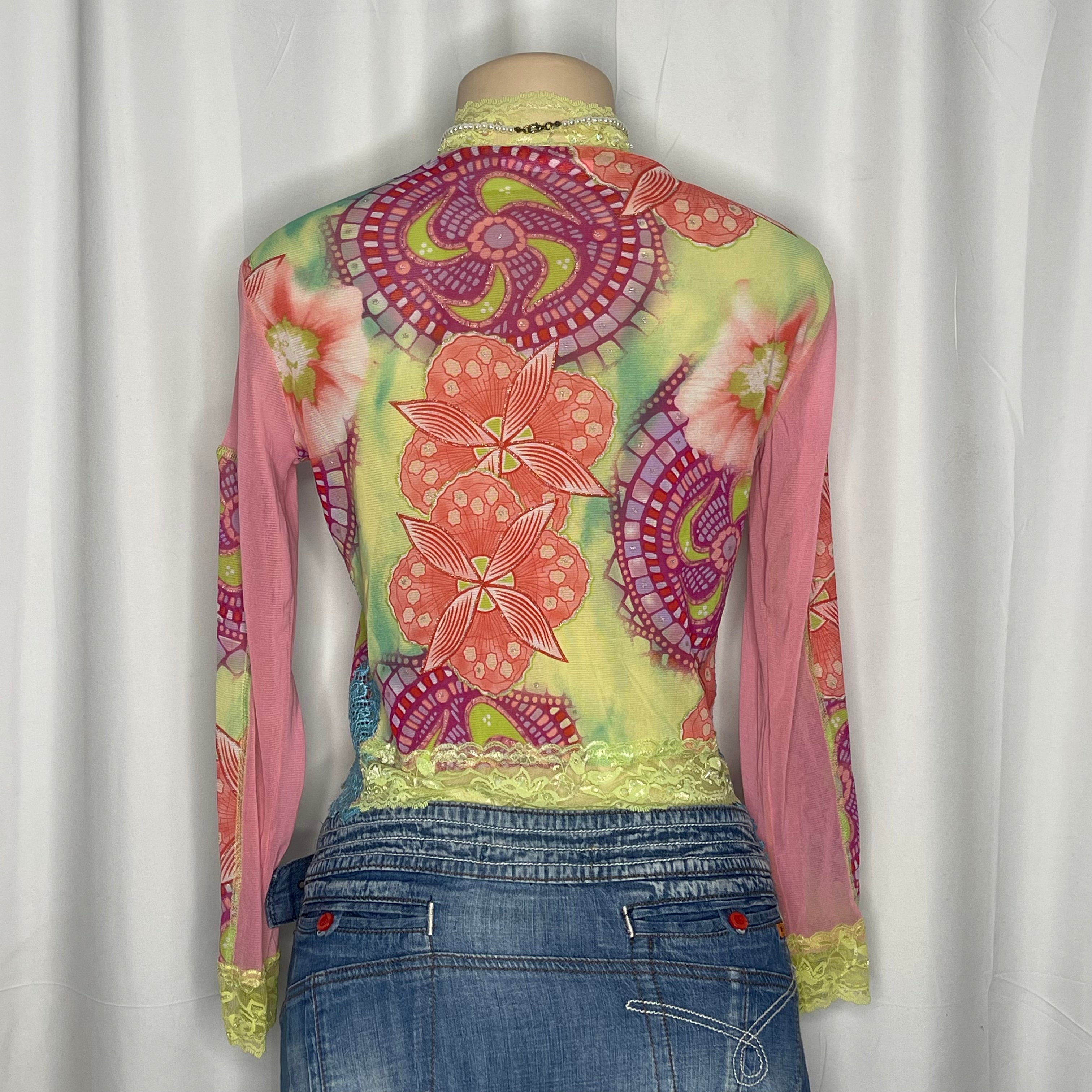 Floral Lace Sequin Zip up Mesh Top