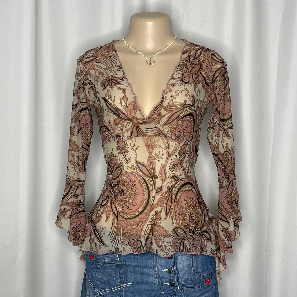Paisley Print Long  Back Mesh Top
