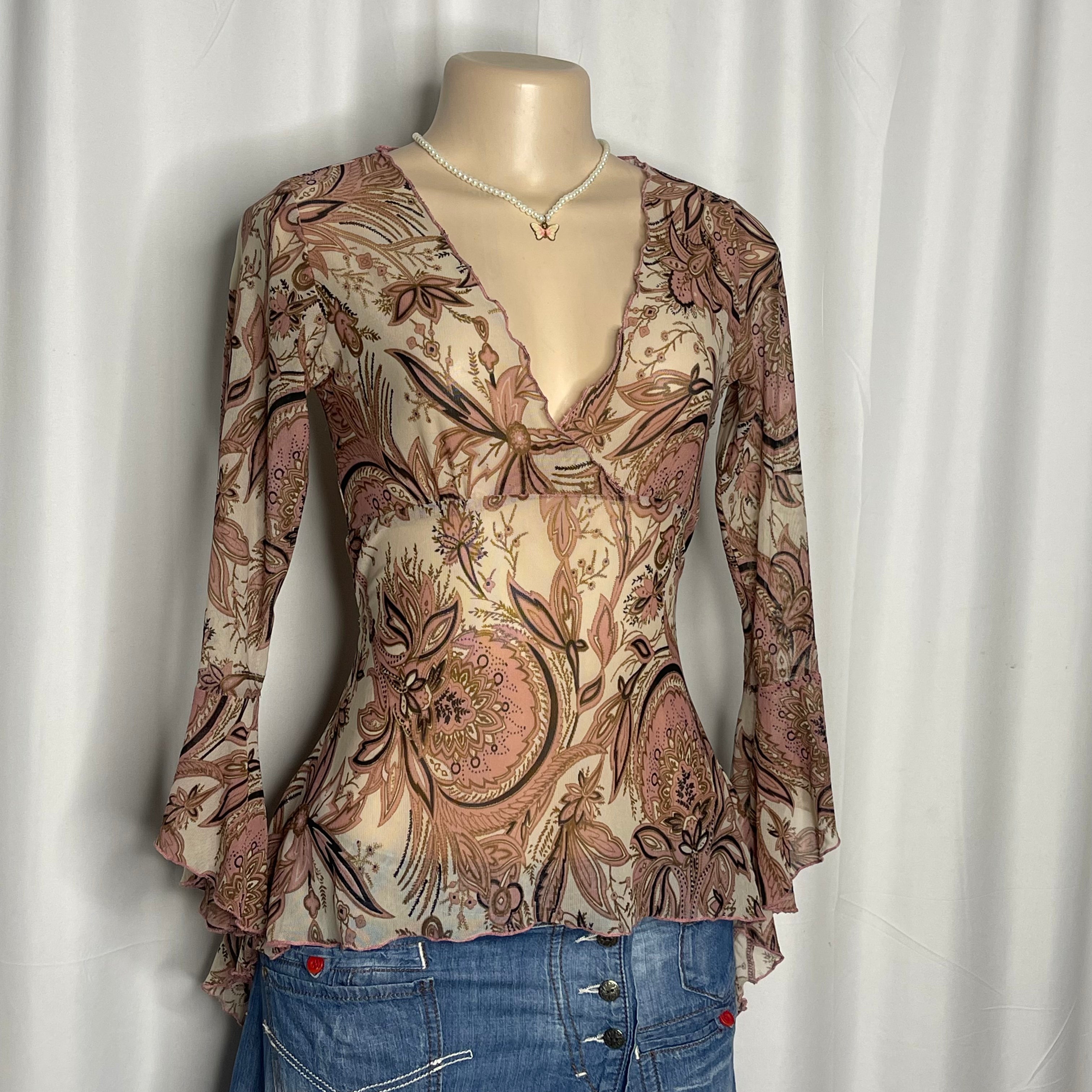 Paisley Print Long  Back Mesh Top