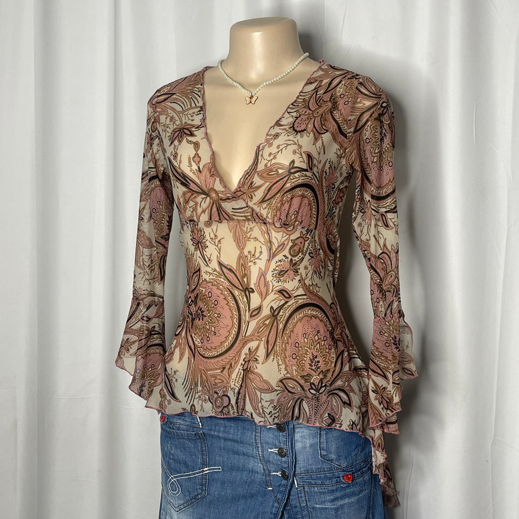 Paisley Print Long  Back Mesh Top