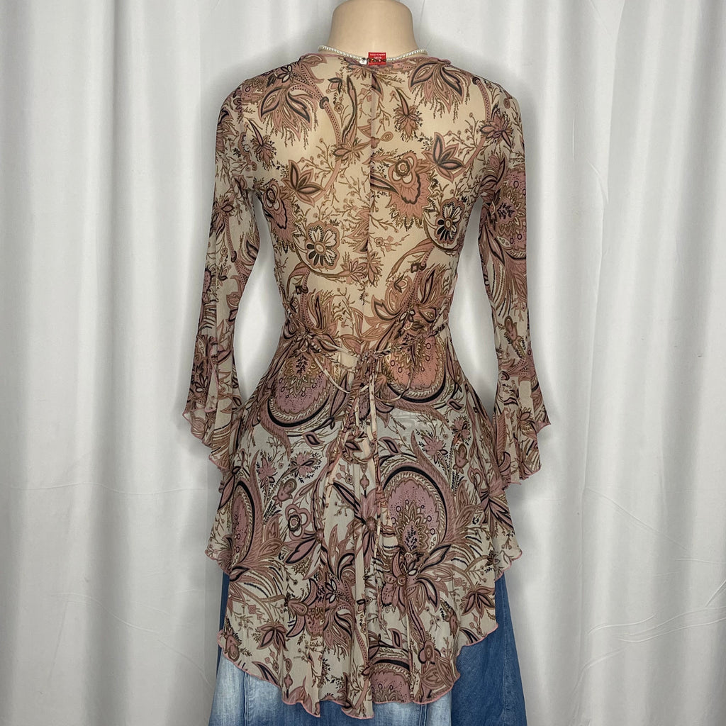 Paisley Print Long  Back Mesh Top