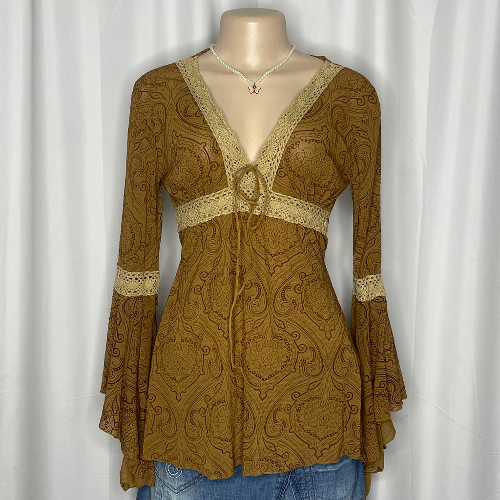Vintage Y2k, Brown Paisley Print Top With Delicate Lace Trim And Bohemian Sleeves