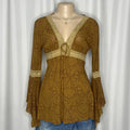 Vintage Y2k, Brown Paisley Print Top With Delicate Lace Trim And Bohemian Sleeves