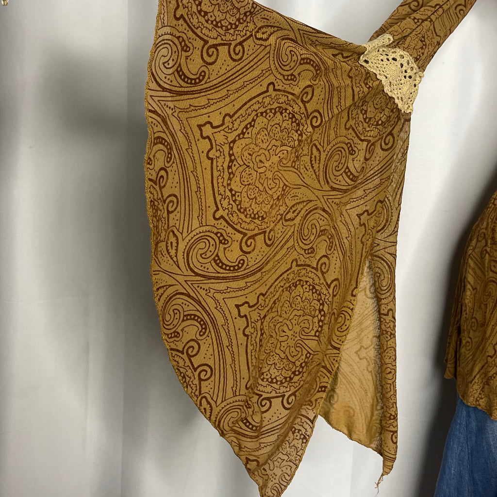 Vintage Y2k, Brown Paisley Print Top With Delicate Lace Trim And Bohemian Sleeves