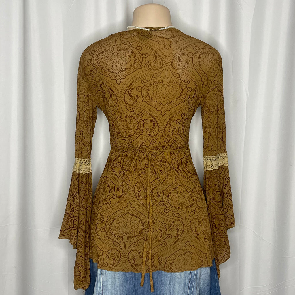 Vintage Y2k, Brown Paisley Print Top With Delicate Lace Trim And Bohemian Sleeves
