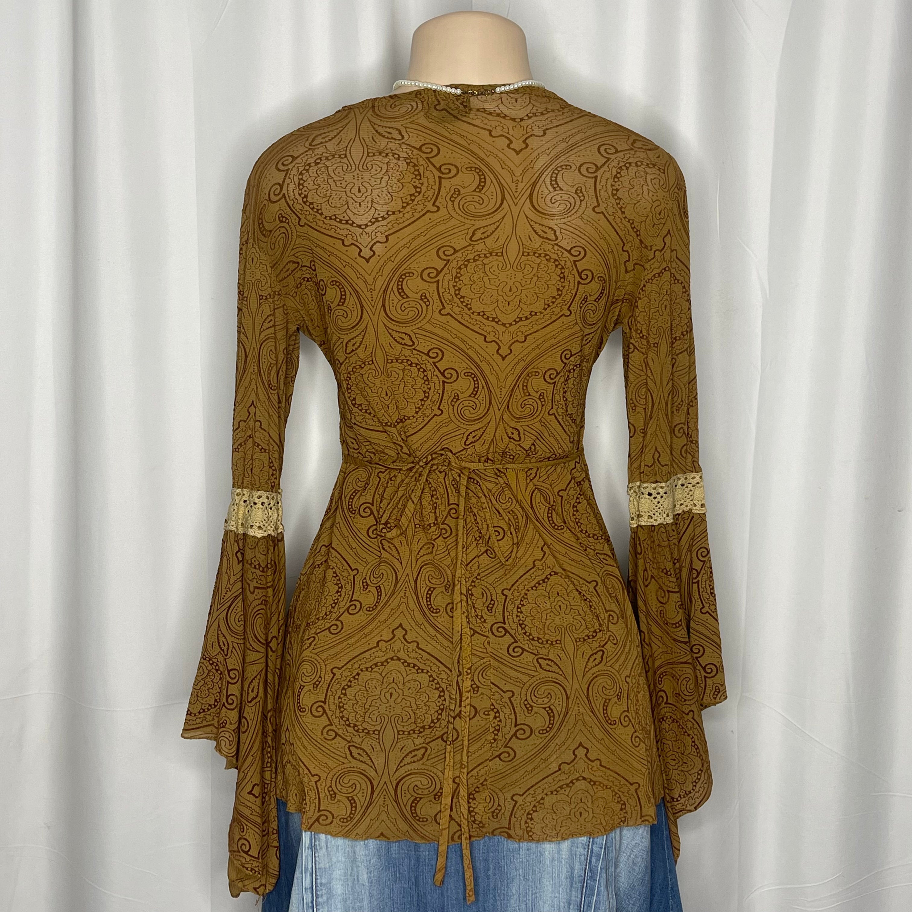Vintage Y2k, Brown Paisley Print Top With Delicate Lace Trim And Bohemian Sleeves