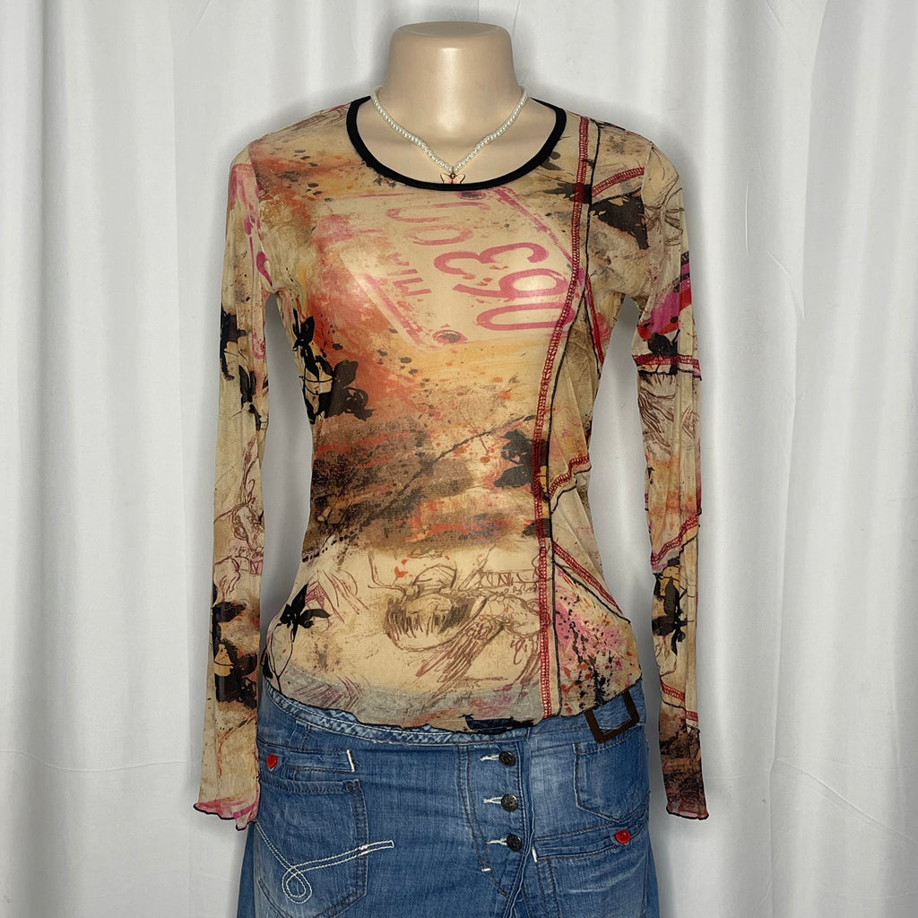 Vintage Graphic Print Round Neck Mesh Top