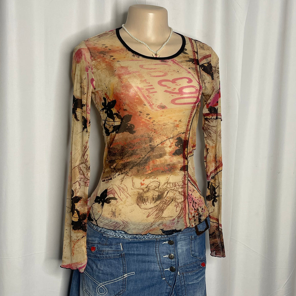 Vintage Graphic Print Round Neck Mesh Top
