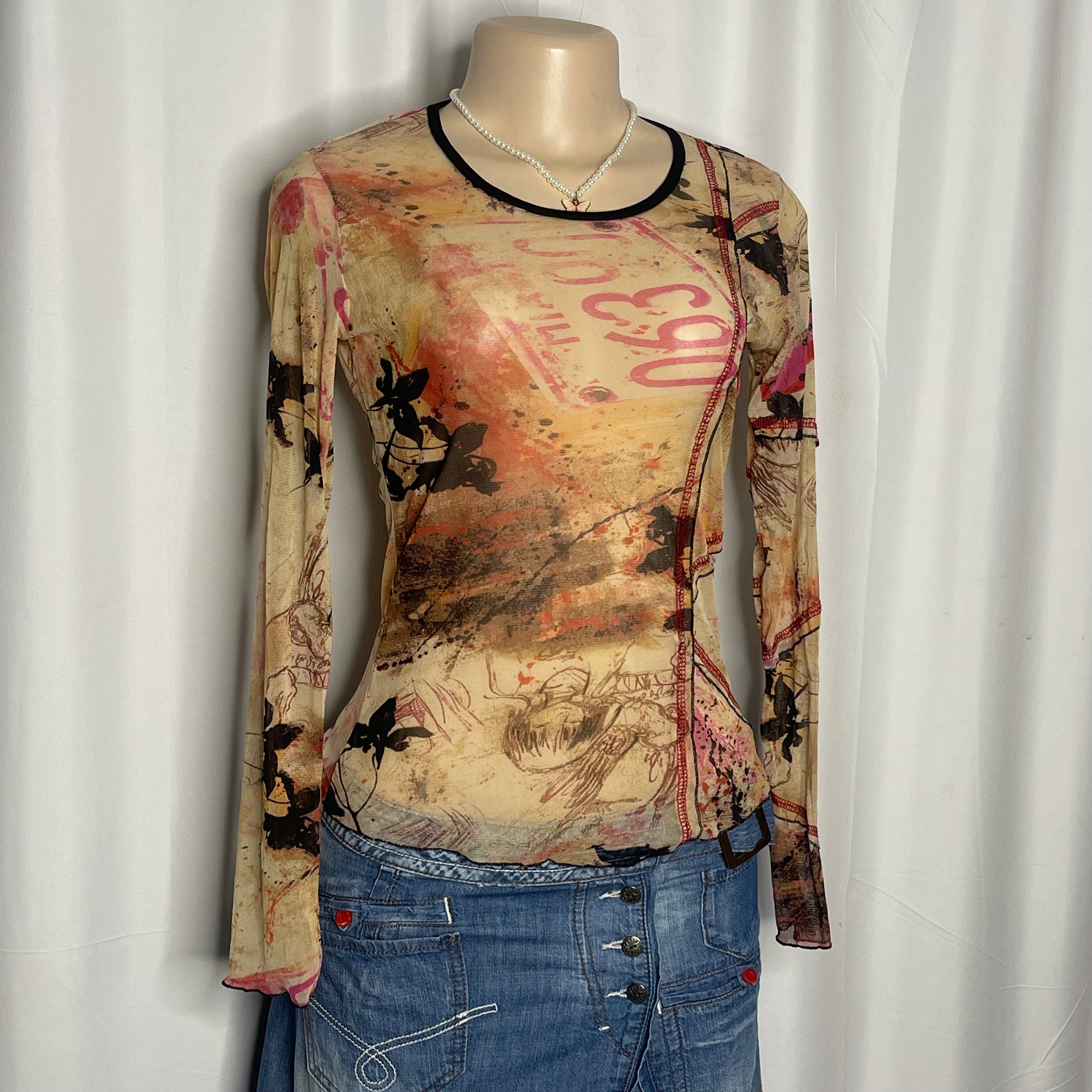 Vintage Graphic Print Round Neck Mesh Top