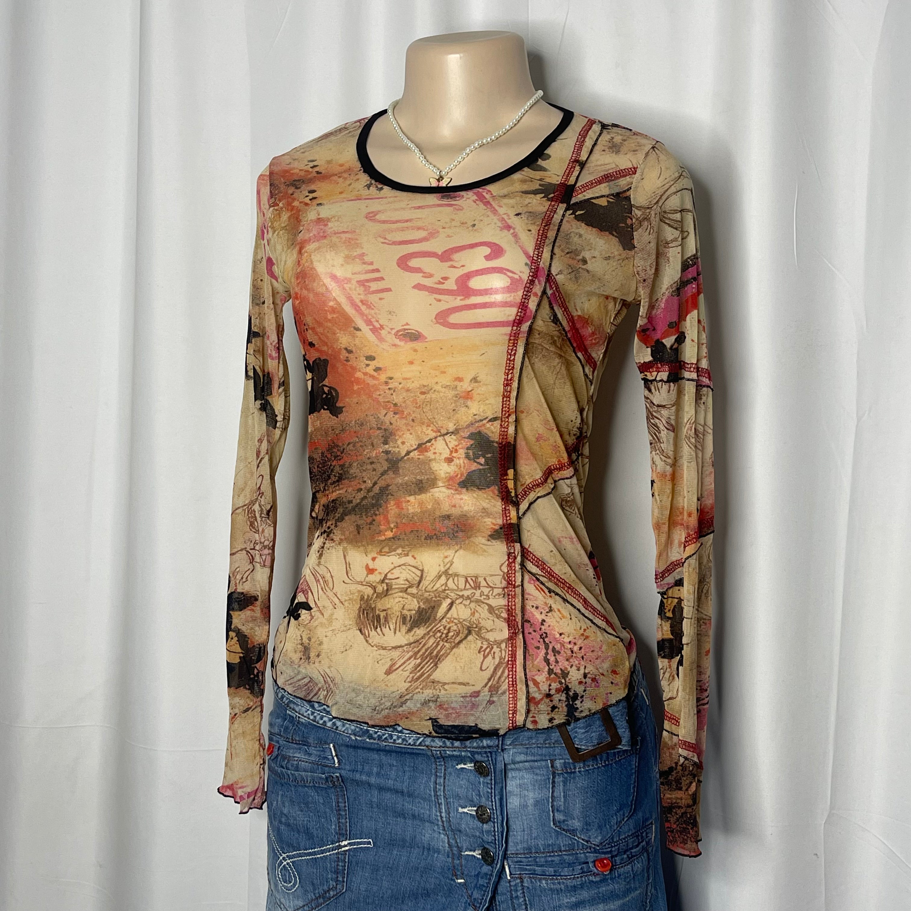 Vintage Graphic Print Round Neck Mesh Top