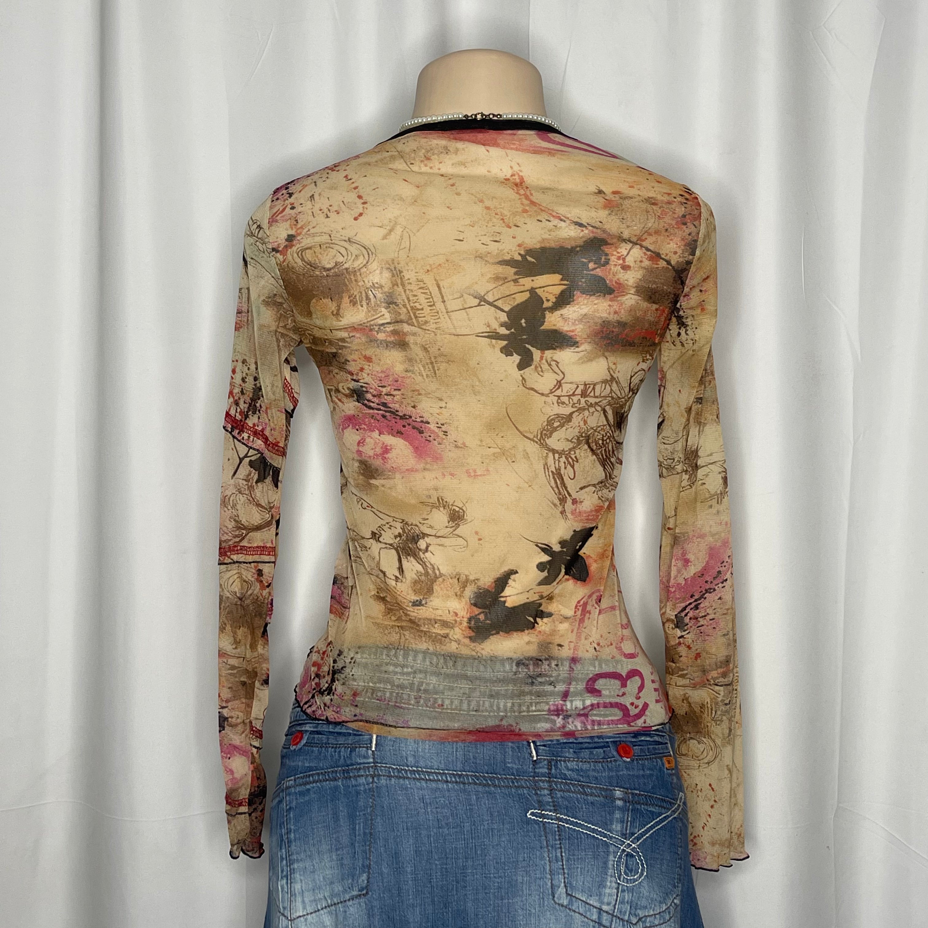 Vintage Graphic Print Round Neck Mesh Top