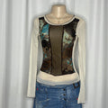 Y2k-style Long Sleeves Mesh with Paisley Print And Rhinestones on the Front