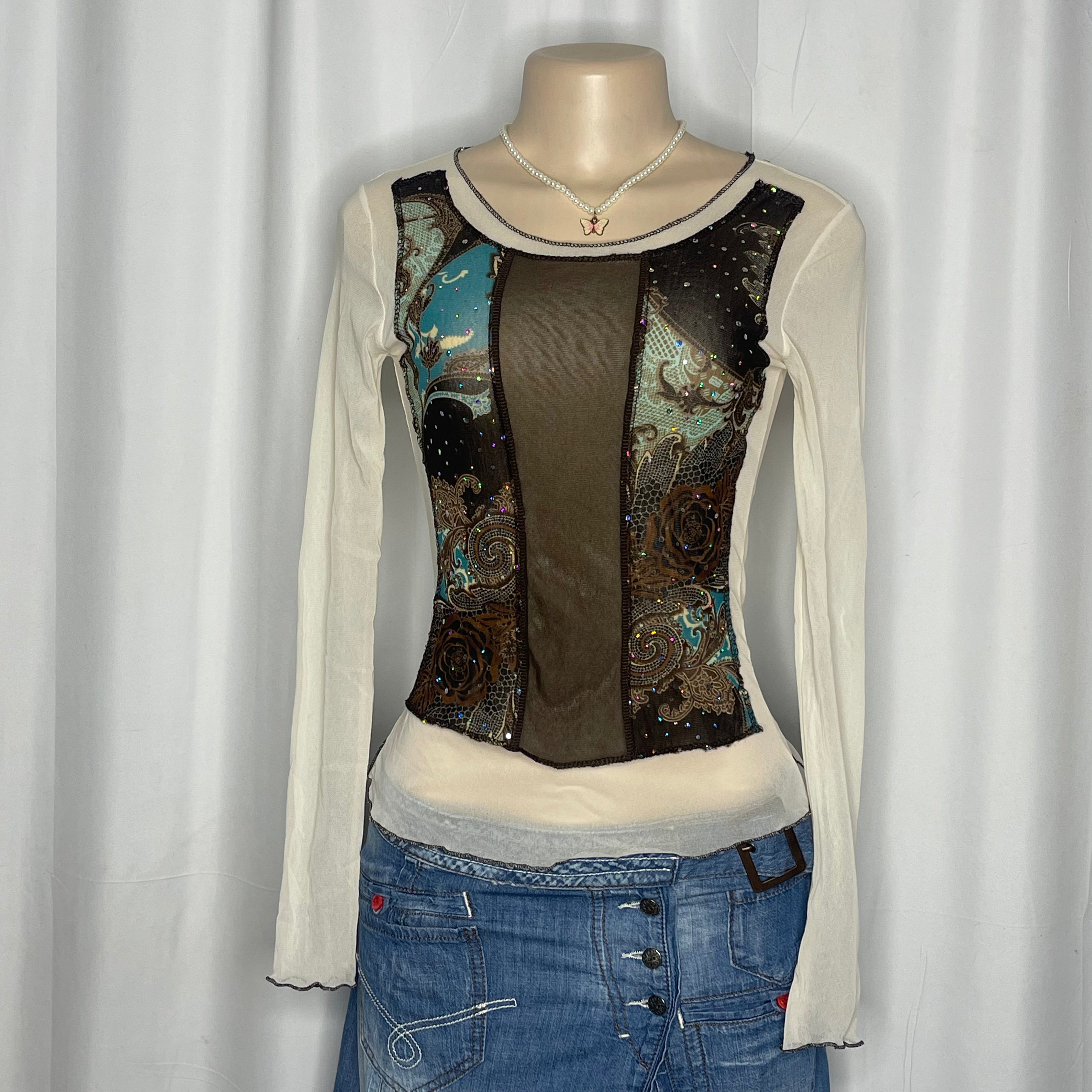 Y2k-style Long Sleeves Mesh with Paisley Print And Rhinestones on the Front