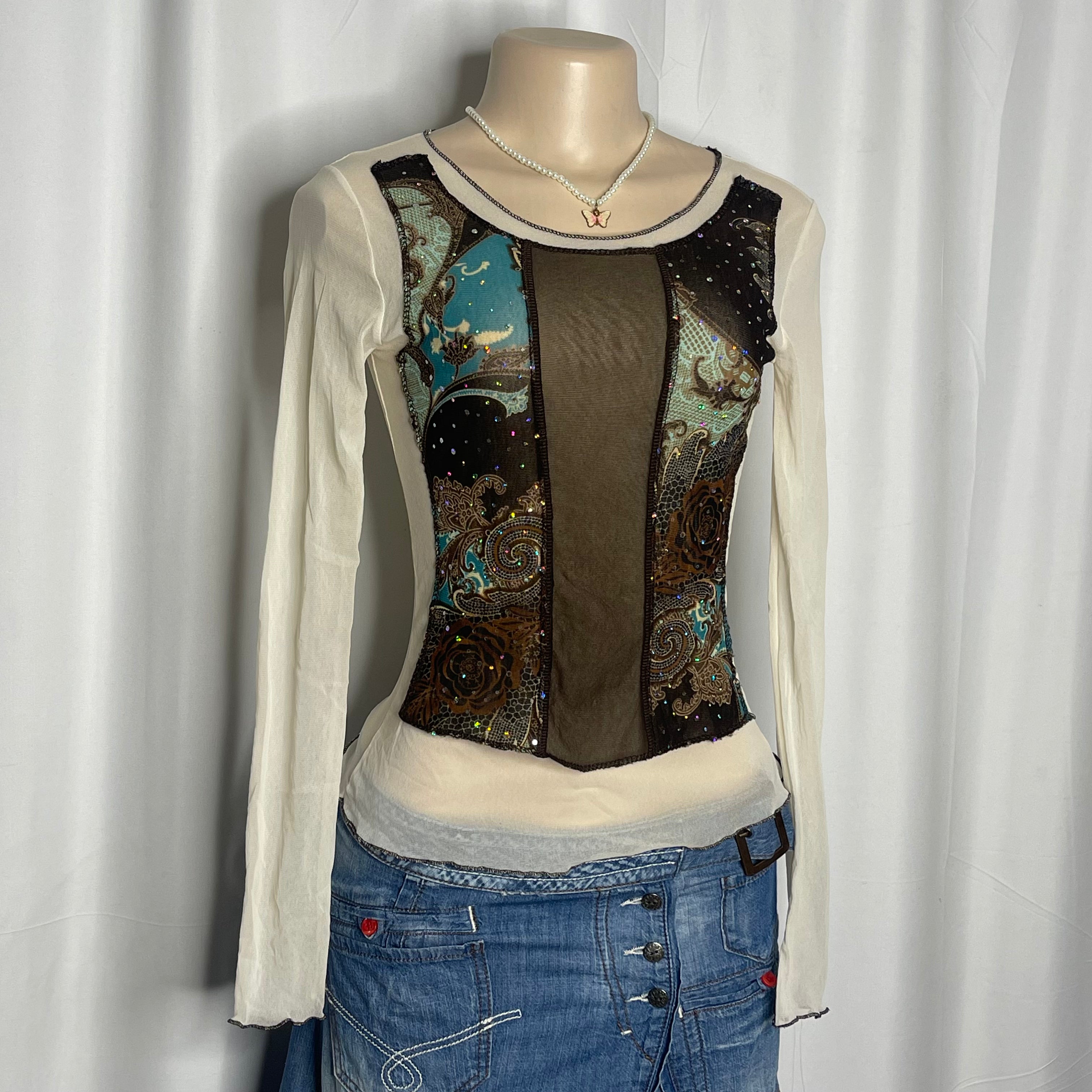 Y2k-style Long Sleeves Mesh with Paisley Print And Rhinestones on the Front