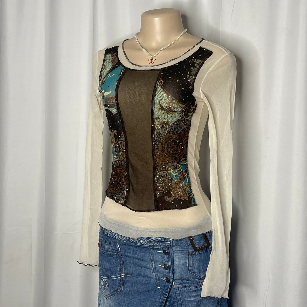 Y2k-style Long Sleeves Mesh with Paisley Print And Rhinestones on the Front