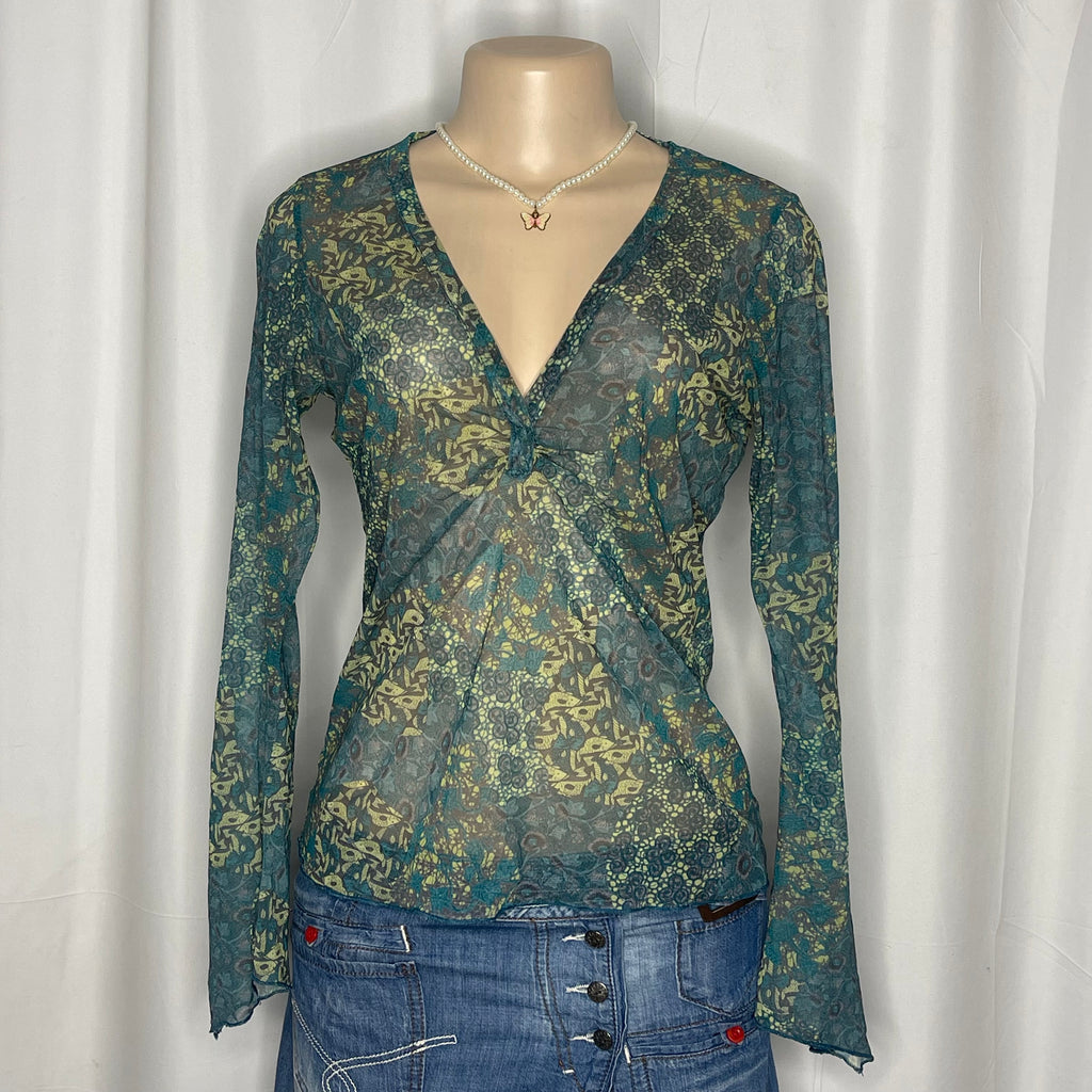 V-Neck Printed Long Sleeves Mesh Top