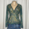 V-Neck Printed Long Sleeves Mesh Top