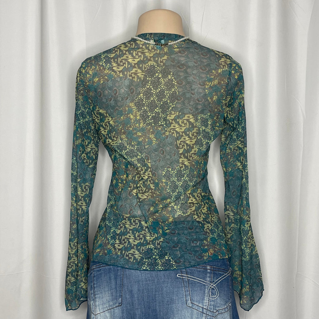 V-Neck Printed Long Sleeves Mesh Top