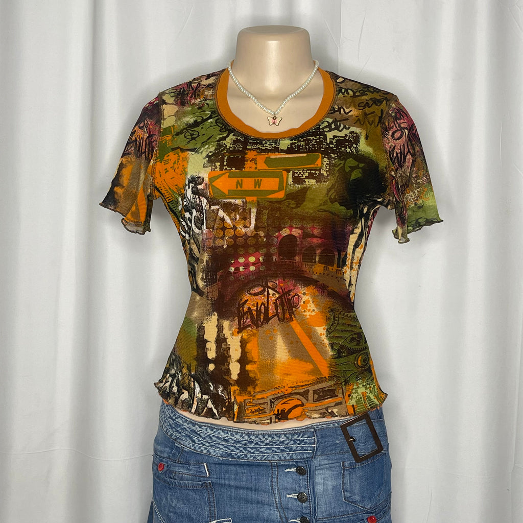 Multicolor Graphic Print Short Sleeves Mesh Top