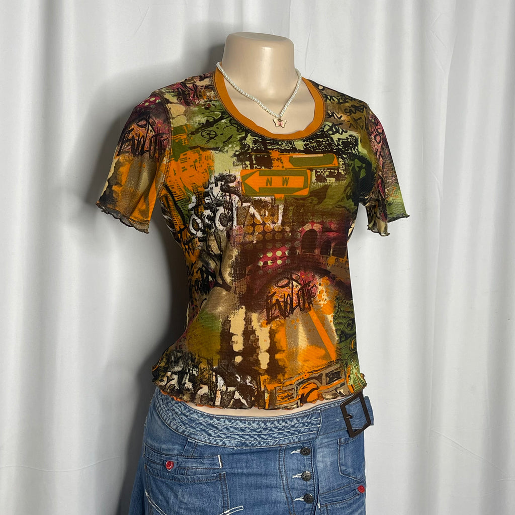 Multicolor Graphic Print Short Sleeves Mesh Top