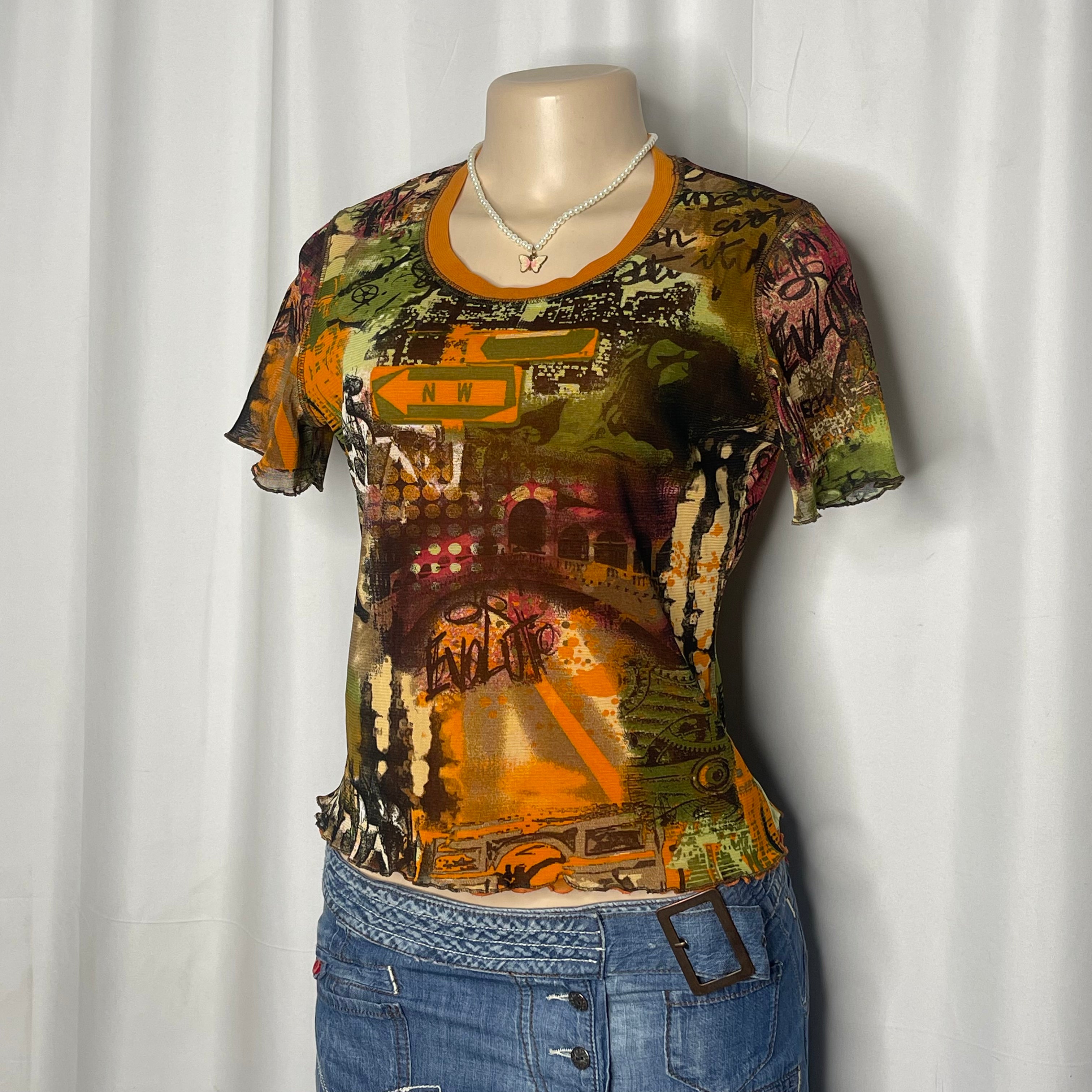 Multicolor Graphic Print Short Sleeves Mesh Top