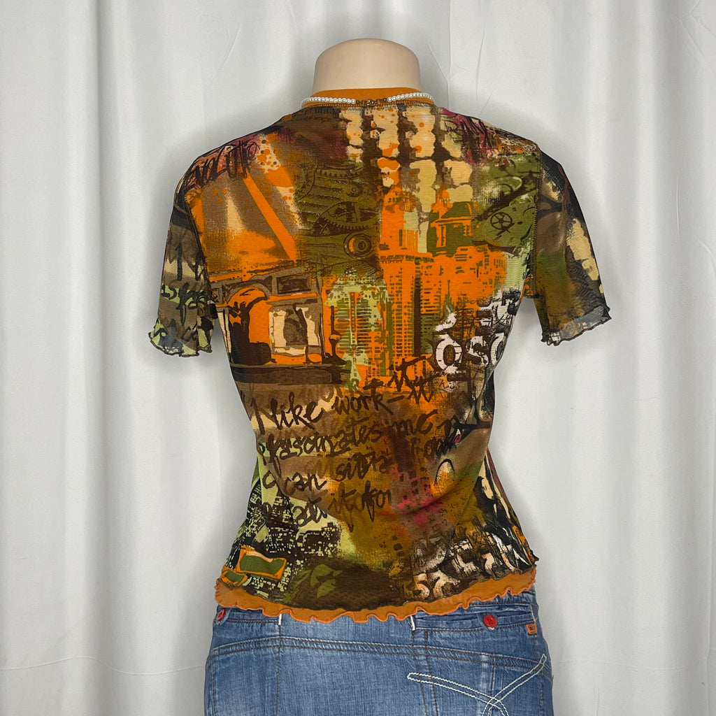 Multicolor Graphic Print Short Sleeves Mesh Top